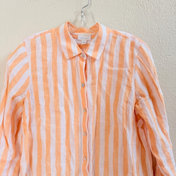 J Jill white orange Love  linen striped button up shirt - Picture 2 of 7